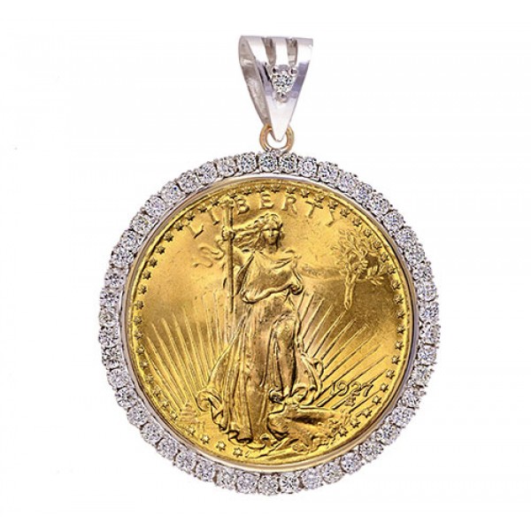 14KT GOLD DIAMOND PENDANT to fit U.S. $20 Gold Coin 2.80 cts. (coin excluded)